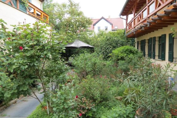 Ein blühender Garten mit Büschen und einem Pavillon zwischen zwei Gebäuden.